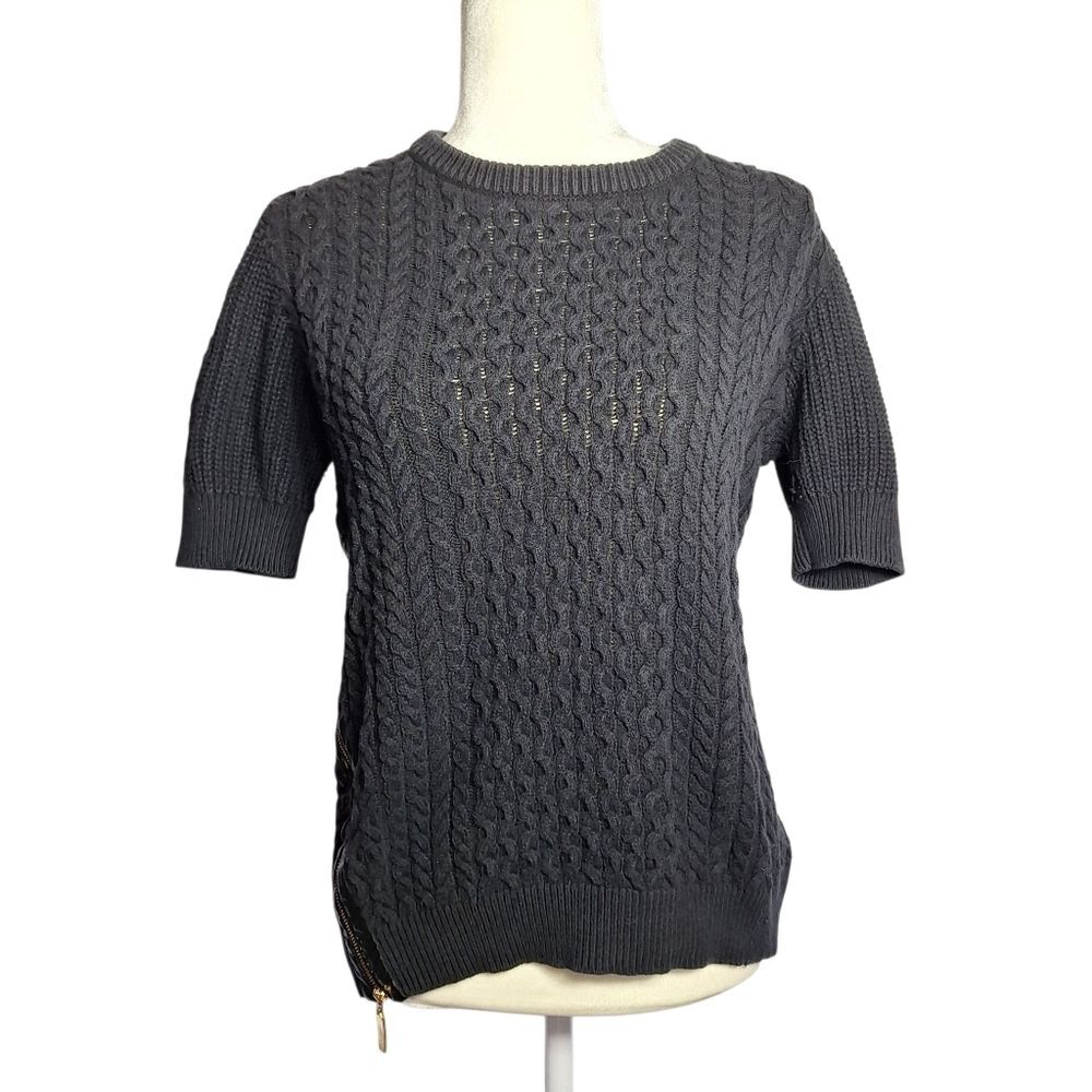 Chaus Cable Knit Sweater Black Short Sleeve Large Womens